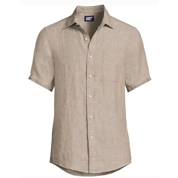 Lands End Linen Button Up Shirt Short Sleeve Mens 3XLT Big Tall 3XL Tan Coral - Picture 1 of 9